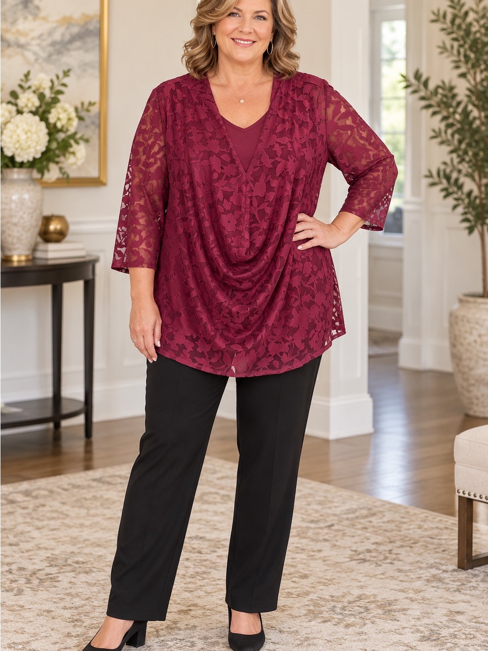 Nina Leonard 2X Berry Floral Burnout Draped Neck Layered Tunic Top